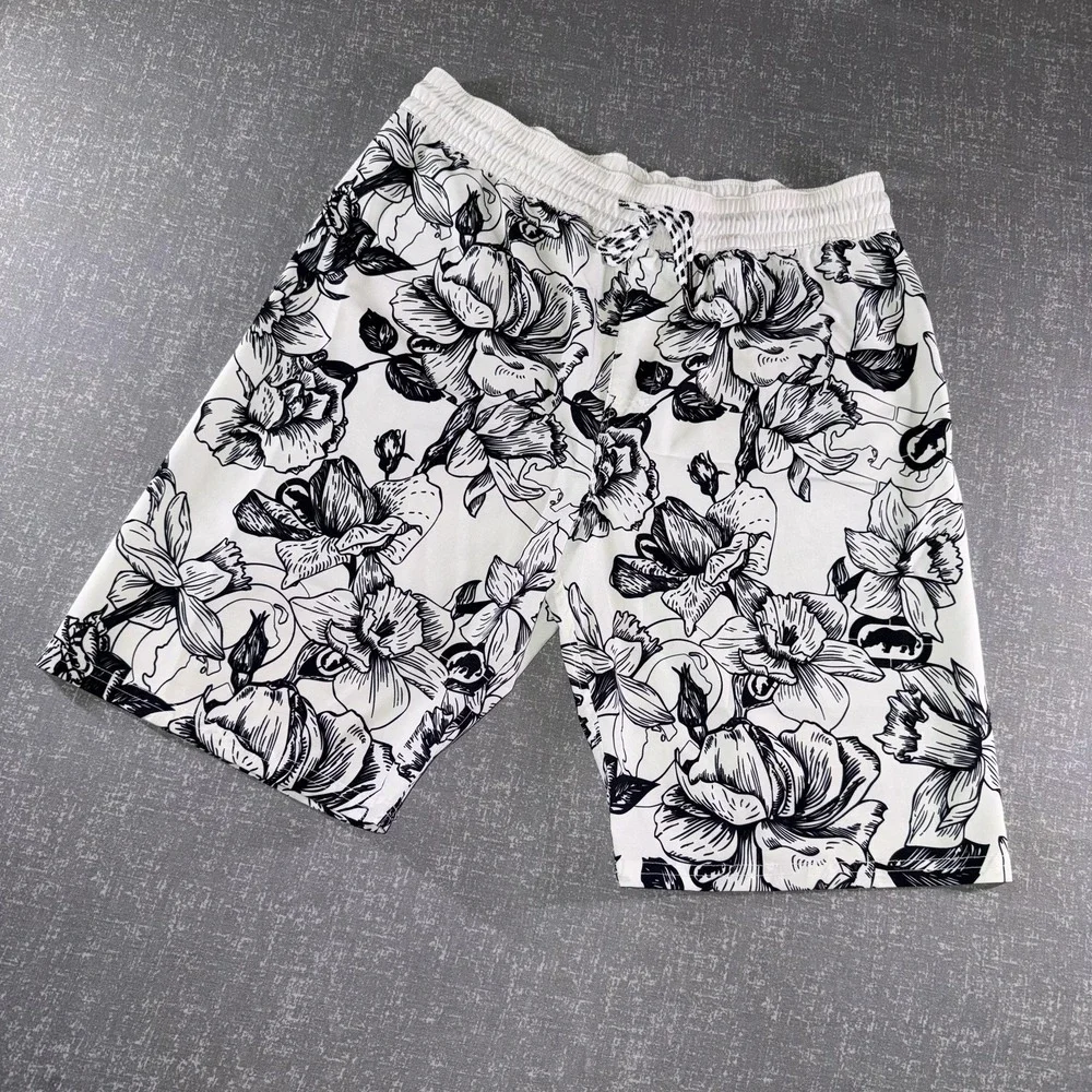Ecko Unltd Shorts Mens Medium White Black Floral‎ Swim Trunks Quick Dry Beach